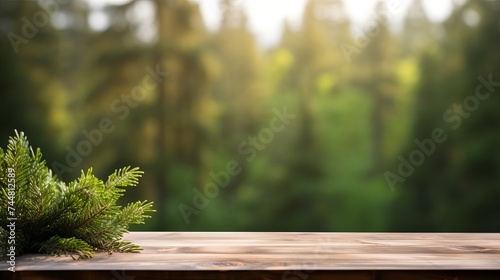Wooden table. Spring design with pine forest and empty display. Space for your montage
