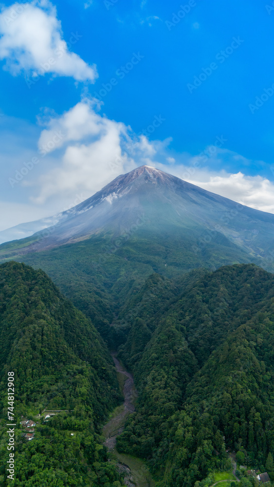 aerial view of Mount Merapi is the most active volcano in Indonesia located in the central part of Java Island in Sleman Regency, Yogyakarta