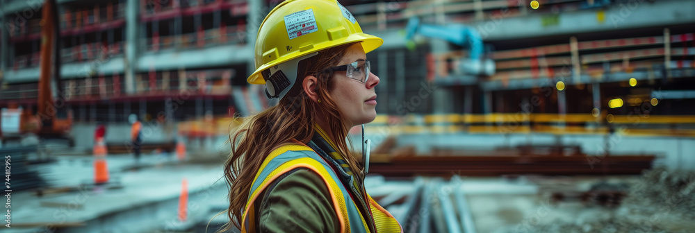 Young Female Engineer Contemplating Next Steps at Busy Construction Site Young Female Engineer Contemplating Next Steps at Busy Construction Site
