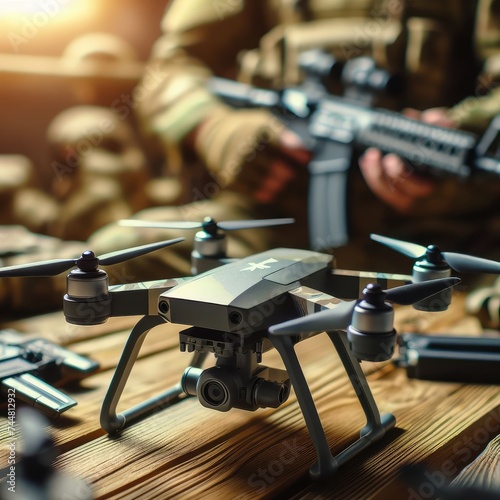 photo of cheap fpv war drone on blurred military background