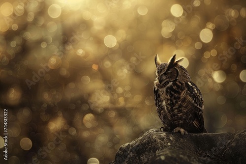 an owl sitting on a stone in the style of bokeh panorama Generative AI