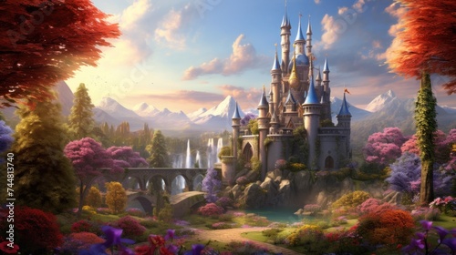 Enchanted fairytale castle surrounded by magical colorful gardens. Fantasy landscape.