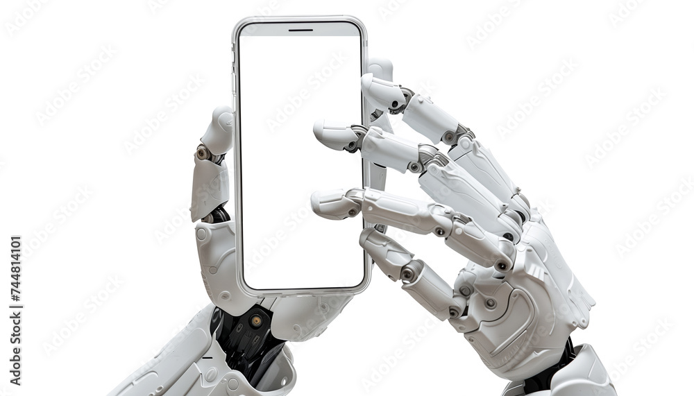 Naklejka premium artificial intelligence generating videos, robotic hand with a cell phone isolated, OpenAI, Sora