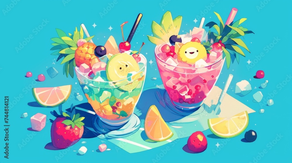 A couple of glasses filled with fruit and ice cream