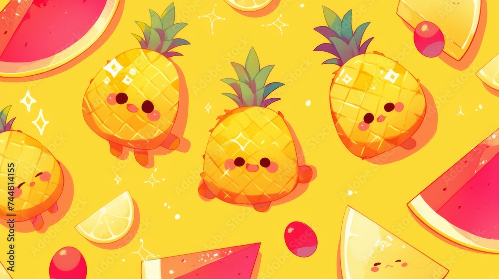 A bunch of pineapples and watermelon slices on a yellow background A bunch of pineapples and watermelon slices on a yellow background