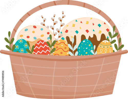Easter basket with panettone, eggs with ornament, green leaves and willow sprigs. Happy Easter greeting card. Vector illustration isolated on white background