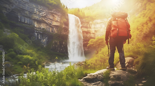 A hiker with a large backpack stands observing a majestic waterfall in a rugged mountain landscape