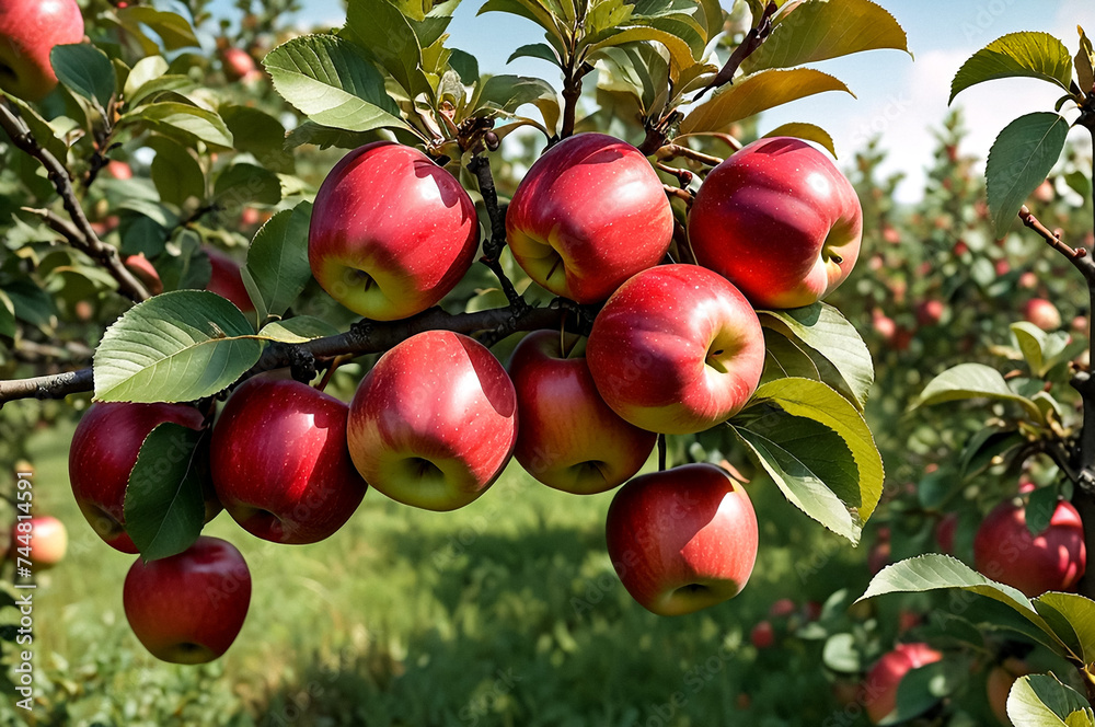 Close up of ripe fresh red apples on apple tree branch in garden is ready for harvest. Fruit background. Concept of gardening, harvesting and healthy eating. Copy space for site