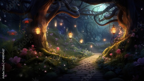 Enchanted forest pathway with glowing lanterns and mystical flora. Fantasy and magic. © Postproduction