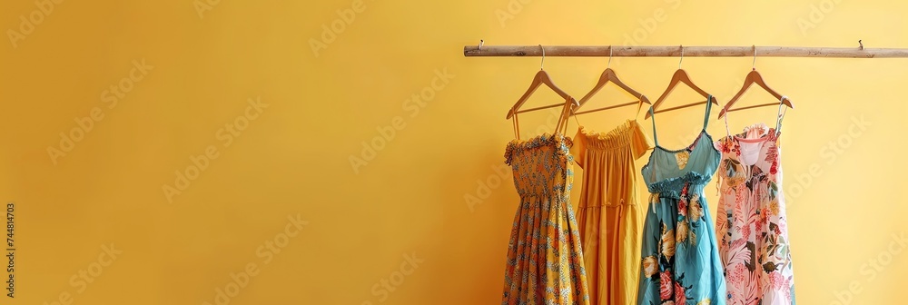 Summer dresses hanging on a clothing rack with a solid background and copy space. 