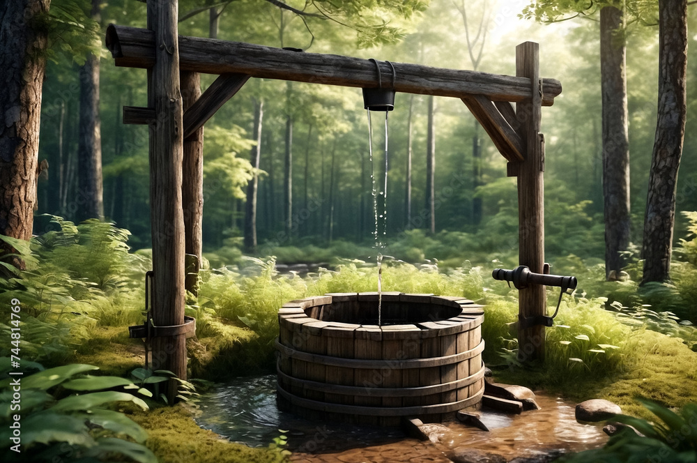 Old wooden water well with bucket on forest background in nature. Stone well at green grass and trees. Abandoned village natural backgrounds. Concept of country landscape. Copy space for site