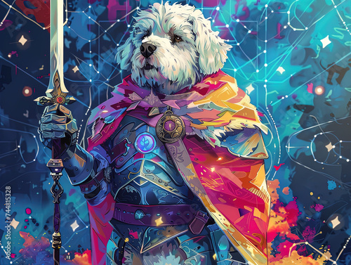 Medieval knight in armor. Portrait of gigantic cute dog deity warrior in a shining armor holding the pitcher. There is a geometric cosmic mandala zodiac style made of lights in the background