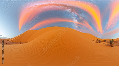 Surreal desert panorama with vibrant aurora-like ribbons across the sky  bending over the dunes in a breathtaking display of color and light