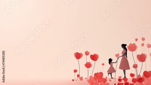 Happy Mother's day background with a girl and her mother silhouette and flowers