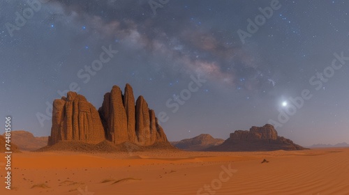 Majestic Night View of Desert Rocks Under a Starry Sky with a Bright Celestial Body
