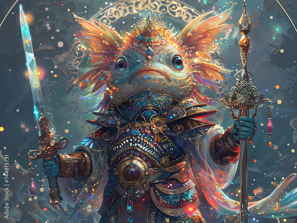 Medieval knight in armor. Portrait of gigantic cute fish deity warrior in a shining armor holding the pitcher. There is a geometric cosmic mandala zodiac style made of lights in the background Medieval knight in armor. Portrait of gigantic cute fish deity warrior in a shining armor holding the pitcher. There is a geometric cosmic mandala zodiac style made of lights in the background