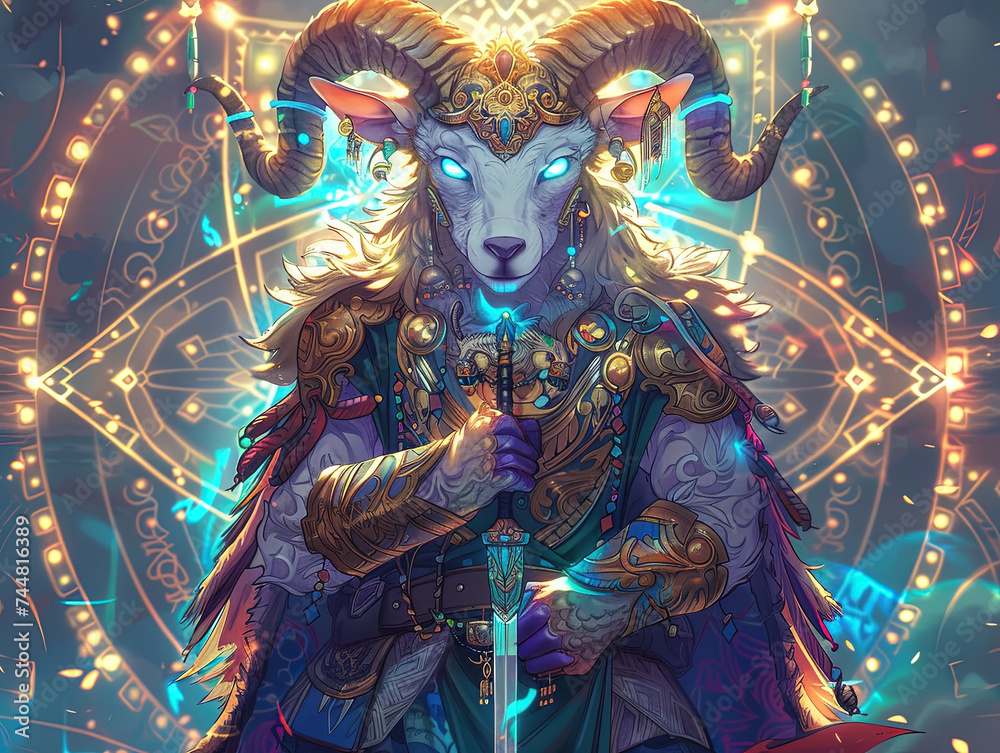 Medieval knight in armor. Portrait of gigantic cute goat deity warrior in a shining armor holding the pitcher. There is a geometric cosmic mandala zodiac style made of lights in the background