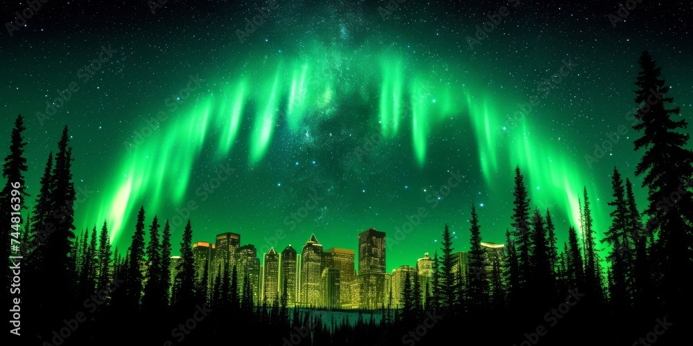 Aurora Borealis Dancing Over a Cityscape Surrounded by Pine Trees, Northern Lights Urban Fantasy
