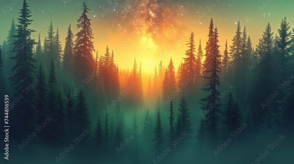 Ethereal Sunrise Illuminating Misty Forest Landscape, Surreal Nature Scene with a Dreamlike Glow