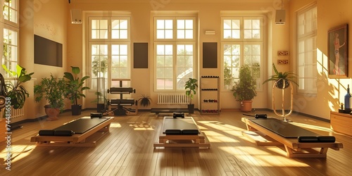 Modern fitness inside a gym with pilates mats photo