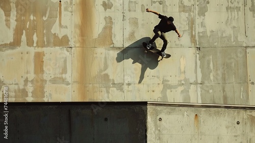Skateboarding concept with young male skater performing tricks in an urban environment