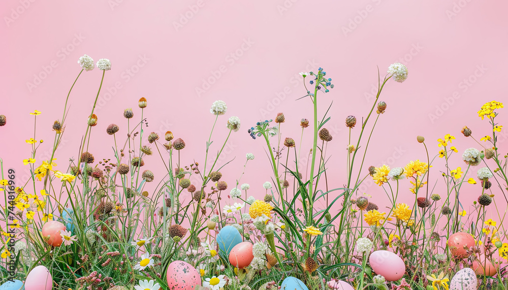 Easter background, colored easter eggs lying in the grass, field flowers, easter flowers background, fresh green spring Easter background with painted eggs on a green grass