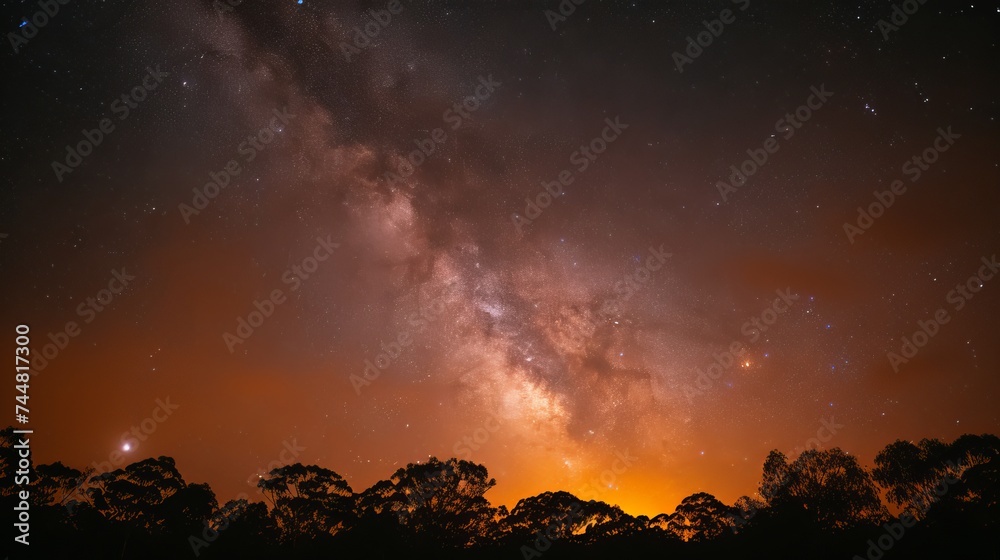 Fototapeta premium Night Sky with Milky Way Glowing Above a Forest Silhouette and a Warm Horizon Glow