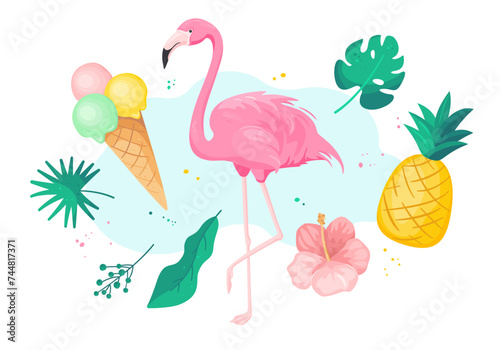 Flamingo  palm leaves  summer flower hibiscus  ice cream. Exotic tropical collection for summer designs  beach party  t shirts  stickers  scrapbooking  invitations  postcards