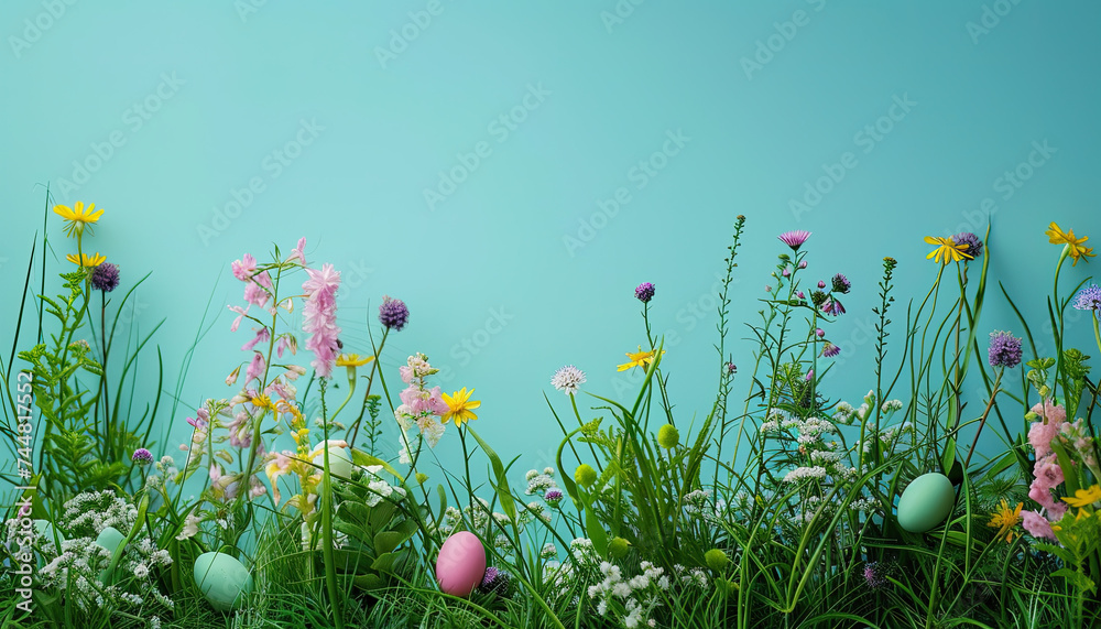 Easter background, colored easter eggs lying in the grass, field flowers, easter flowers background, fresh green spring Easter background with painted eggs on a green grass Easter background, colored easter eggs lying in the grass, field flowers, easter flowers background, fresh green spring Easter background with painted eggs on a green grass