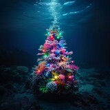 A large underwater Christmas tree made of coral and seaweed. Creative dark ocean New Year concept. 