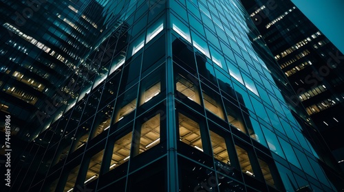 Office building next to contemporary high-rise structures with glass mirrored walls.