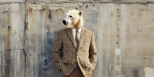 Abstract, creative, illustrated, minimal portrait of a wild animal dressed up as a man in elegant clothes. A polar bear standing on two legs in business suit