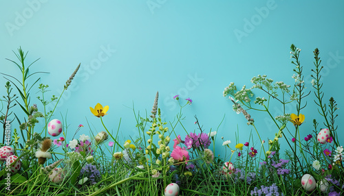 Easter background  colored easter eggs lying in the grass  field flowers  easter flowers background  fresh green spring Easter background with painted eggs on a green grass