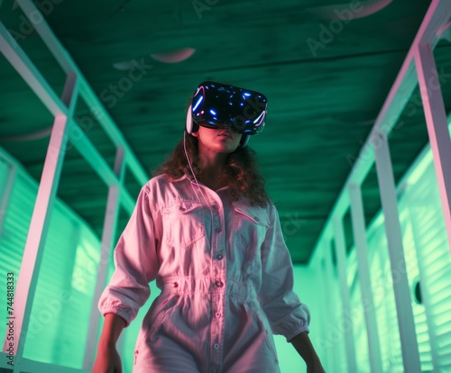 Aesthetic photography of full body woman wearing VR glasses and moving in white room, pink and green neon lights © Pastel King