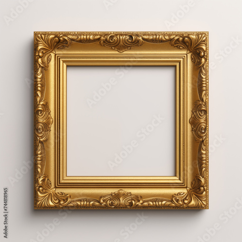 A thick and ornate gilded gold wooden picture frame, square, on a light gray wall, soft light