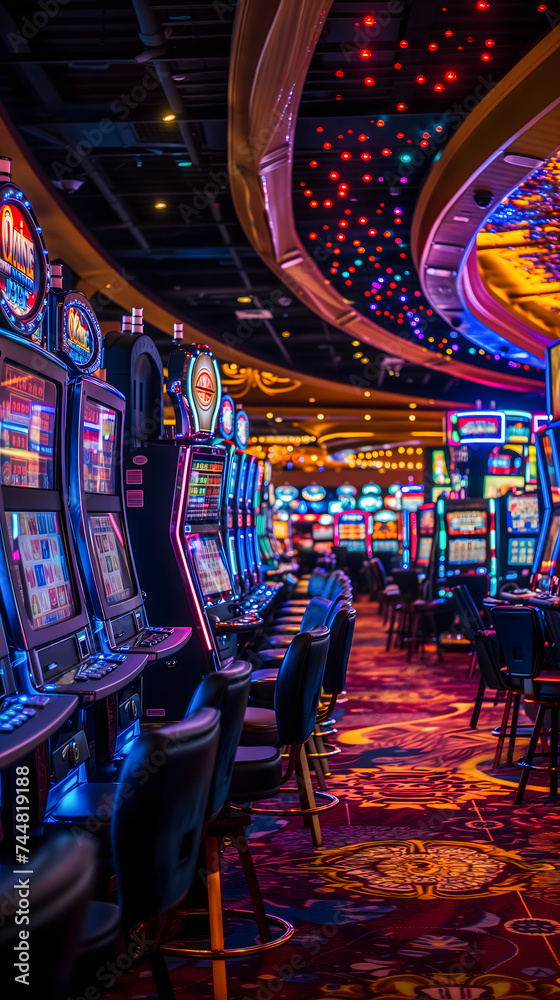 Un alignement de machines à sous dans un casino au format portrait.