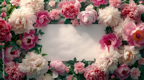 white paper for copy space surrounded by beautiful pink peonies in bloom