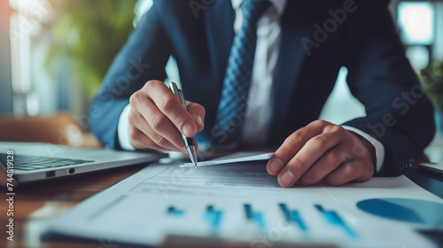 Un homme d'affaires en costume en train de signer un contrat sur un bureau. photo