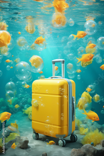 Yellow suitcase for traveling under the blue water of the sea. Fish swimming around him
