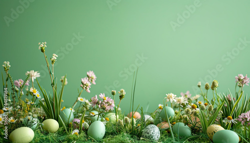 Easter background, colored easter eggs lying in the grass, field flowers, easter flowers background, fresh green spring Easter background with painted eggs on a green grass photo