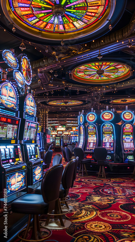 Valokuva L'intérieur d'un casino avec des rangées de machines à sous au format portrait