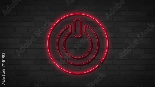 Neon on and off switch light on brick wall. Night club bar blinking red neon sign. Motion animation. Video available in 4K FullHD and HD render footage.