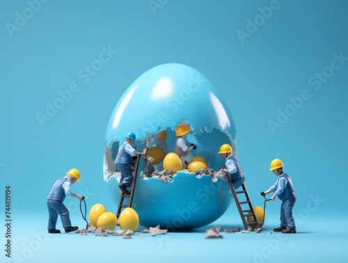 Funny abstract creative concept, builders, workers building a huge pastel Easter egg. A large colorful egg statue