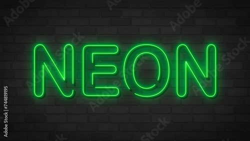 Neon sign Neon on brick wall background. Light banner on the wall background. Green neon, design template, night neon signboard.