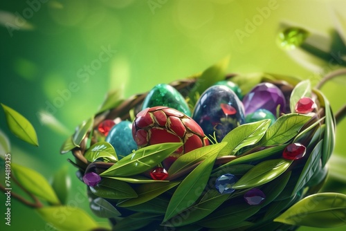 An organic  leaf-woven Easter basket with eggs resembling precious stones like ruby  sapphire  and emerald  set against a bright  forest green background.