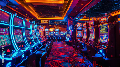 L'intérieur d'un casino avec des rangées de machines à sous. photo