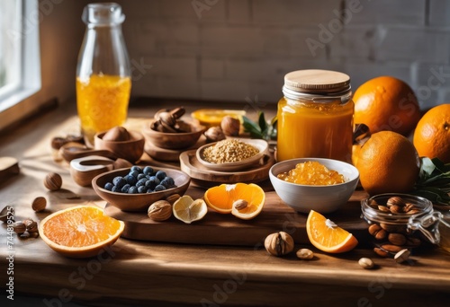 illustration, assortment natural immune boosting foods supplements displayed elegantly bright kitchen counter, arrangement, bottles, dark, fresh, glass, healthy, honey