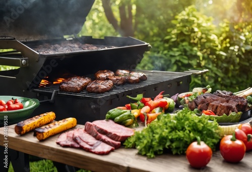 illustration, summer bbq scene: grilling meats over charcoal, surrounded fresh ingredients outdoors ambiance, aroma, barbecue, cooking, delicious, food
