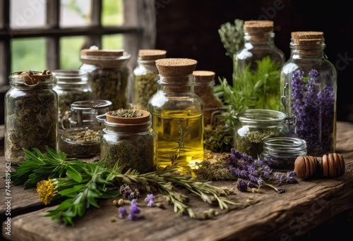 illustration, serene collection herbal remedies vintage wooden table under soft light, aromatic, chamomile, lavender, sage, dried, herbs, jars, glass