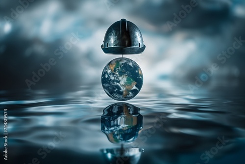 For International Labour Day, a symbolic composition featuring a worker helmet suspended above a globe on a clear, reflective surface, symbolizing the global appreciation for labor.